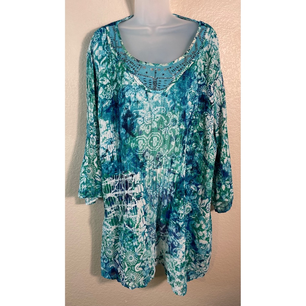 Catherines Womens 3X Tunic Blouse Blue Green Floral Beaded Neck Bell Sleeve